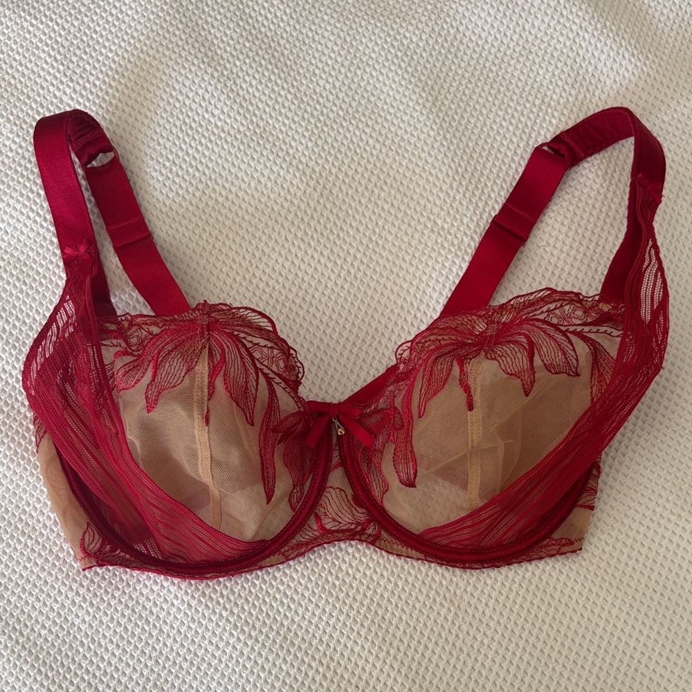 Aubade Women’s Fleur de Tattoo Half Cup Comfort Bra 32G Red Rouge Ecrin